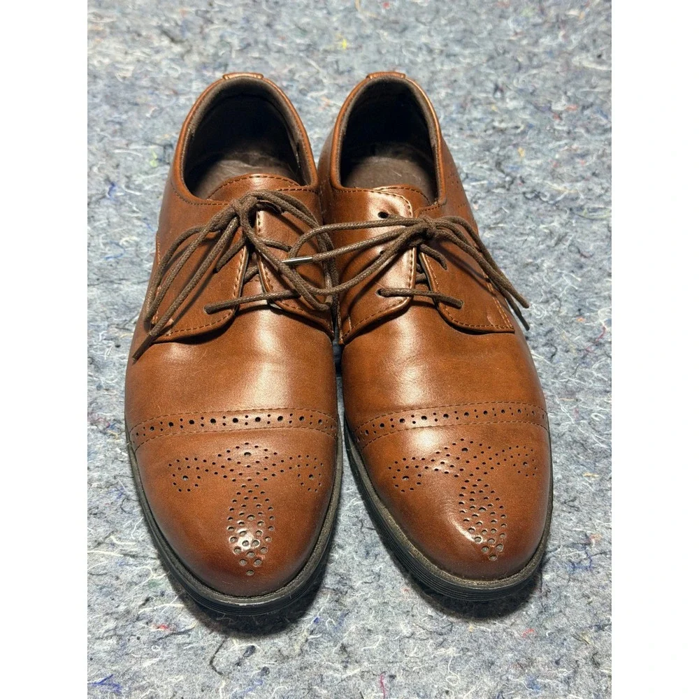 O & H Mens Size 7.5D‎ Brown Faux Leather Cap Toe Brogue Oxford Shoes OH1703-13